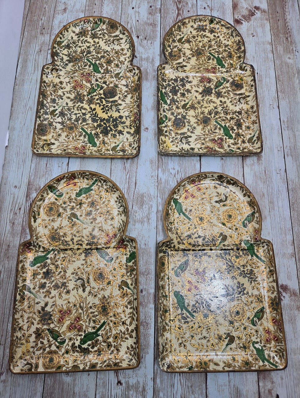 🦜 VINTAGE Alfred E Knobler Papier Mache Snack Trays Set of 4 Gold Parrot Japan